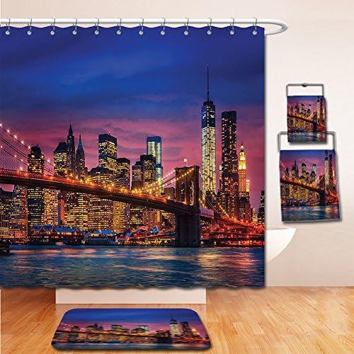 LiczHome Bath Suit: Showercurtain Bathrug Bathtowel Handtowel New York Tapestry Decor NYC That Never Sleeps Image Neon Lights Reflections on East River City Image Print Pink Blue
