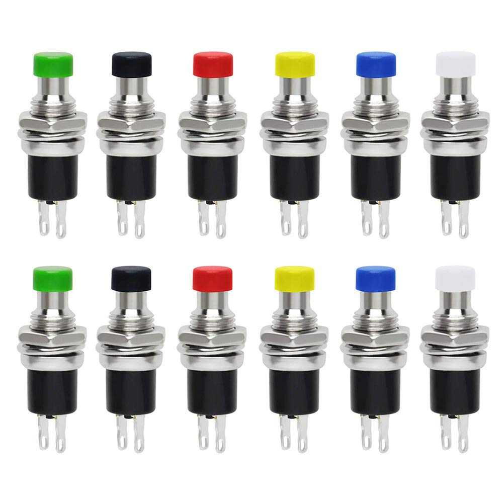 QitinDasen 12Pcs Premium 7mm Mini Momentary Push Button Switch Normal Open, ON/Off 2 Pin SPST Round High Head Push Button Switch, Lockless Push Button Switch 1A 250V AC (6 Colors)