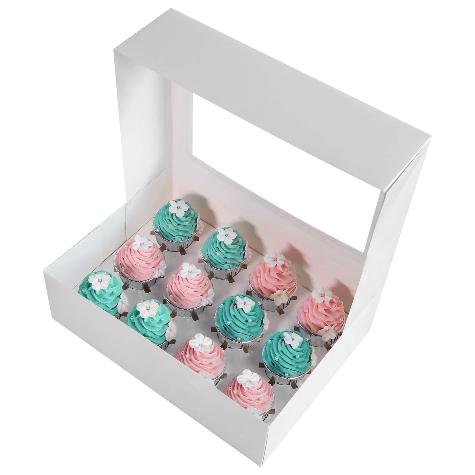 Photo 1 of [20-Packs] White Cupcake Boxes 12 Holders,ONE MORE Cake Carrier Food Grade Pop-up Bakery Boxes 13.8 x 9.5 x 4inch with Inserts and PVC Windows Fits 12 Cavity Cupcake or Muffins Pack of 20
