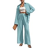 Lepunuo 2 Piece Outfits for Women Casual Lounge Sets Long Sleeve Button Down Shirts and Wide Leg Pants Sets Tracksuit