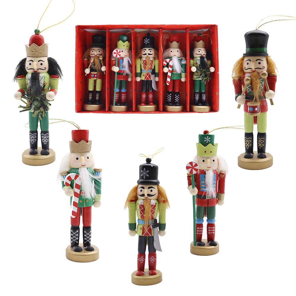 Amor Christmas Nutcracker Ornaments Set, 5PCS Wooden Nutcracker Soldier Hanging Decorations for Christmas Tree Figures Puppet Toy Gifts