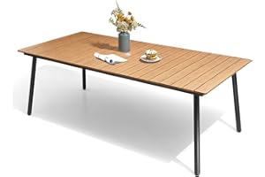 VredHom Outdoor Dining Table for 6-8, 82.7 inch Patio Dining Table with Wooden-Like Top and Aluminum Frame, Rectangular Table with Umbrella Hole Outdoor Furniture, Brown
