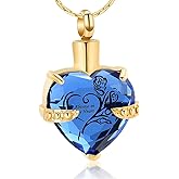 constantlife Crystal Heart Shape Cremation Jewelry Memorial Urn Necklace for Ashes, Stainless Steel Ash Holder Pendant Keepsake with Gift Box Charms Accessories for Women