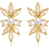 FENBORY Delicate Cubic Zirconia Stud Earrings Cluster Leaf CZ Pearl Earrings Bridal Stud Earrings for Women Wedding Party