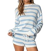 NUFIWI Women Striped Knit Sweater Set 2 Piece Outfit Oversized Long Sleeve Sweater and Shorts Matching Lounge Sets