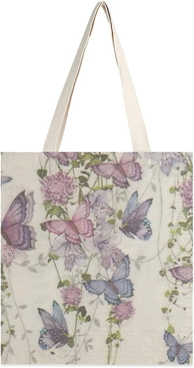 Bolsa de lona de color morado lavanda y malva con mariposas y flores