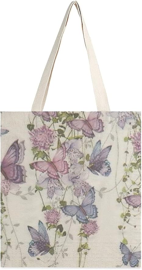 Bolsa de lona de color morado lavanda y malva con mariposas y flores