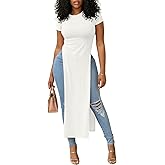 OPOIPIN Women's Crew Neck Split Slit Hem Short Sleeve Slim Fit Tee Top Long Shirt Tunic