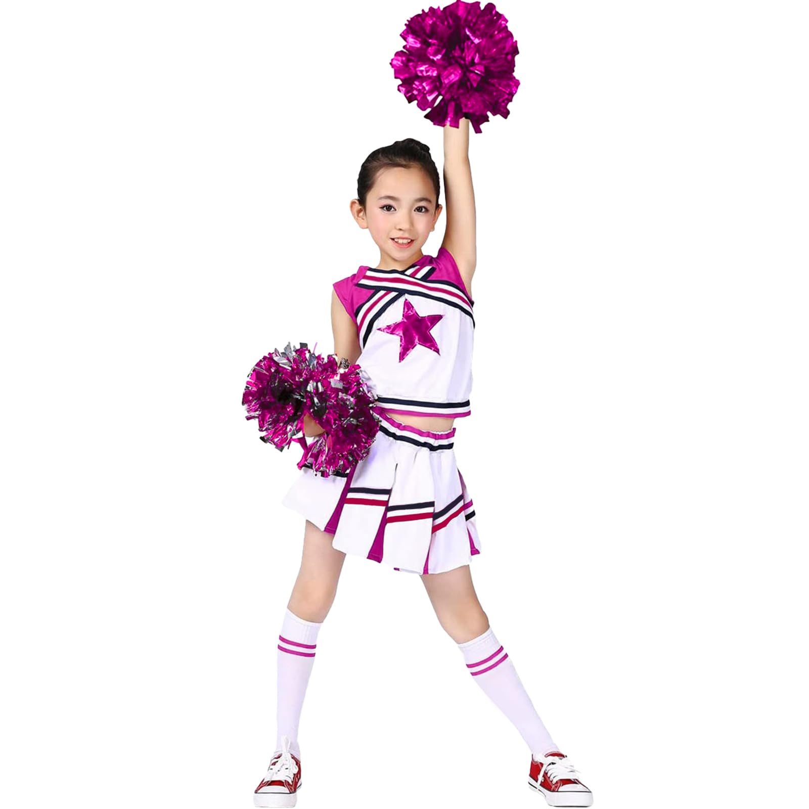 LOLANTA Girls' Cheerleading Costumes with Pompoms and Socks, Kids Halloween Fancy Dress Up, Cheerleader Outfit, Rosered, 12-13 Years, 170