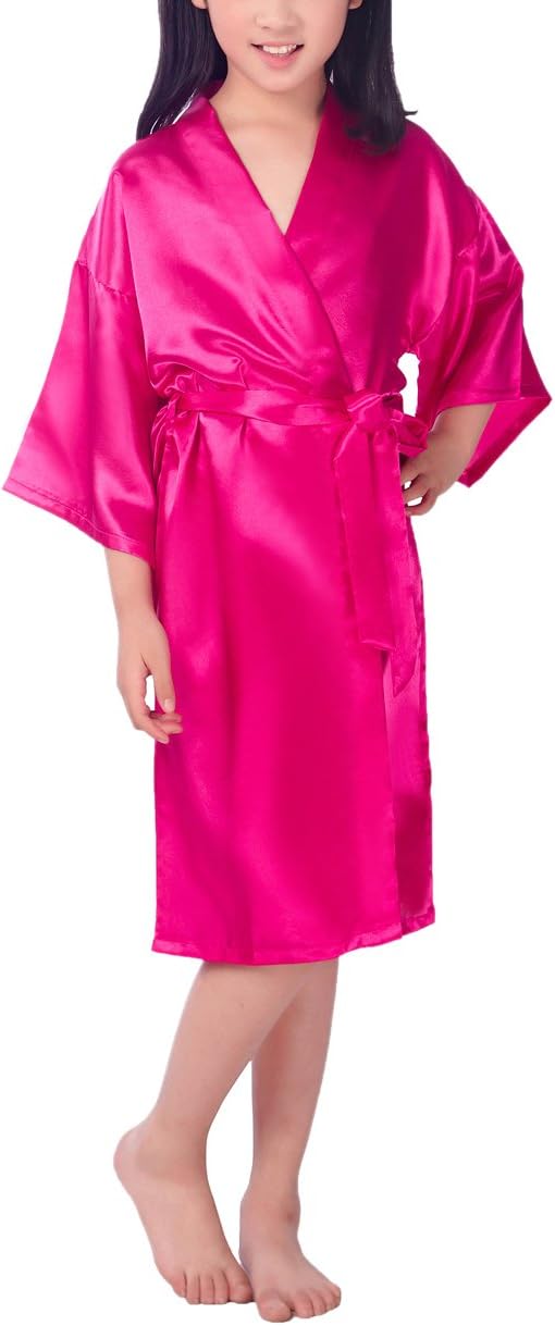 Children Kids Satin Silk Bathrobe Kimono Dressing Gown Pajamas Robe Sleepwear