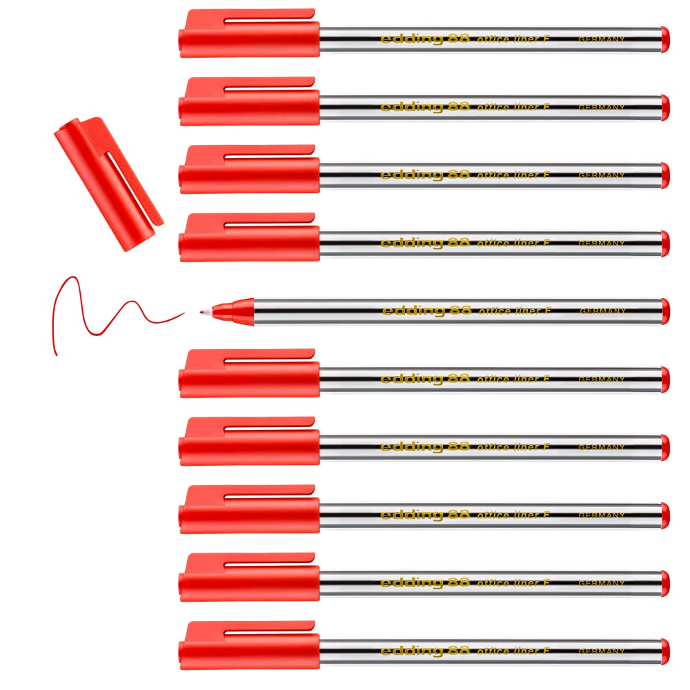 edding 88 - fineliner - red - 10 pens - round nib 0.6 mm - thin fibre pen for fine, precise writing, underlining, drawing - in the office or home and at school