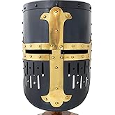 Medieval Warrior Templar Brass Crusader Helmet Knights Helmet | Wearable for Adult | Medieval Costumes | Free Stand (Short-Brass Black)