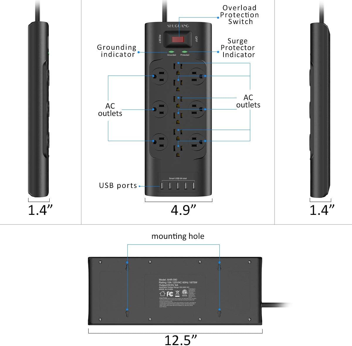 Surge Protector, SHUGUANG Power Strip with 12 Outlets and 5 USB Ports, Heavy Duty 6 Feet Flat Plug Extension Cord (1875W/15A) for Multiple Devices Smartphone Tablet Laptop Computer, ETL Listed: Electronics