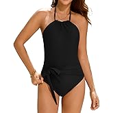 Cromi Women's One Piece Swimsuit High Neck Swimwear Halter Backless Bathing Suit Wrap Tie