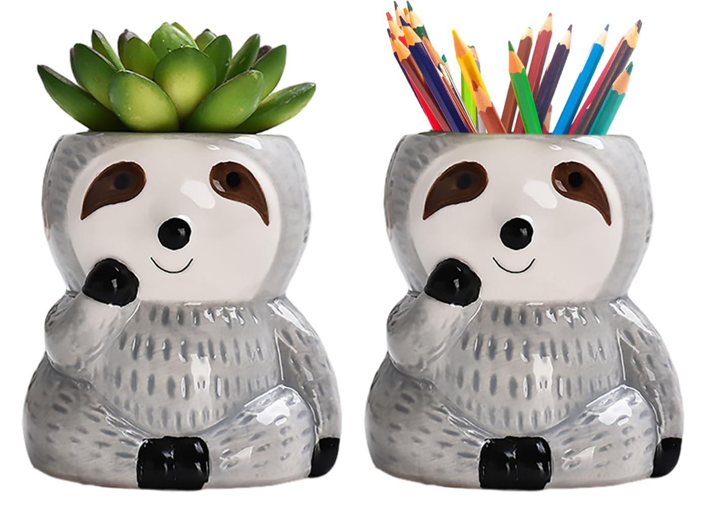 LOZACHE Cute Sloth Plant Pots Pack of 2, Novelty Gifts Small Plants Flower Pots for Bonsai Succulent Pens Pencils House Home Office Desk Table Decoration Indoor Outdoor (Grey)