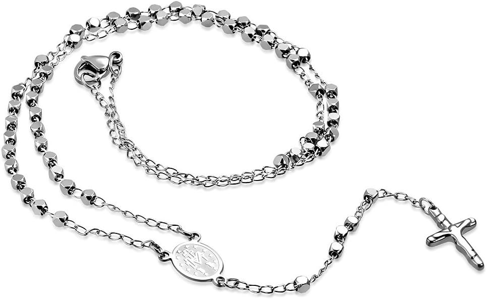 Stainless Steel Religious Christian Virgin Mary Oval Chastity Crucifix Latin Cross Blessed Rosary Beads Necklace