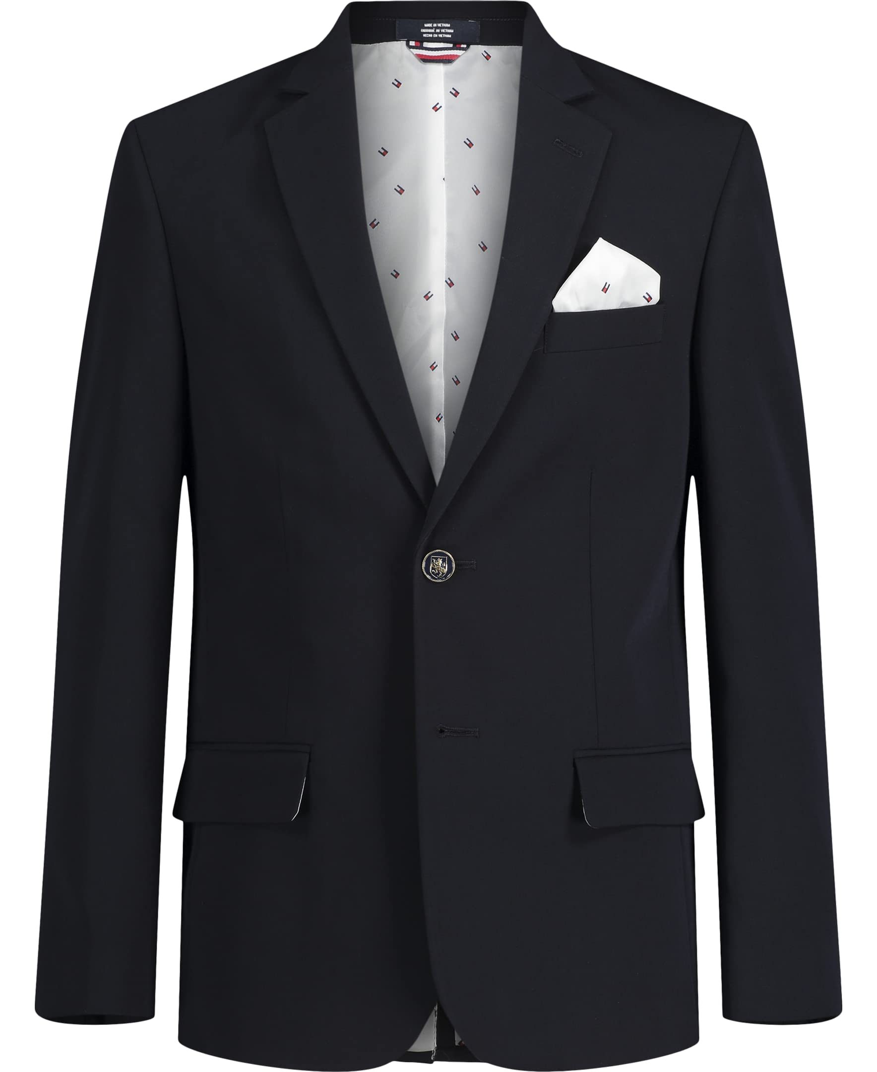 Tommy Hilfiger Boys’ Bi-Stretch Alexander Blazer, Single Breasted with Pocket Square, Solid Color with Flag Print Lining, Navy, 18 Husky