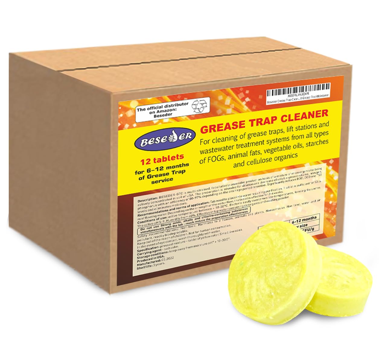Photo 1 of 'Beseder grease trap cleaning tablets for grease decomposition, grease trap treatment and odor removal from grease trap containers (in 1 box with 12 tablets)