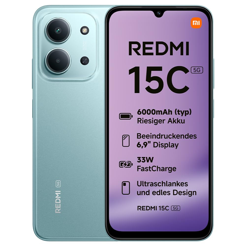 Xiaomi REDMI 15C 5G, Smartphone 4+256GB, 6,9" 120Hz Display, MediaTek Dimensity 6300 Prozessor 6nm Octa-Core, 50MP KI-Dualkamera, 6000mAh, Mintgrün