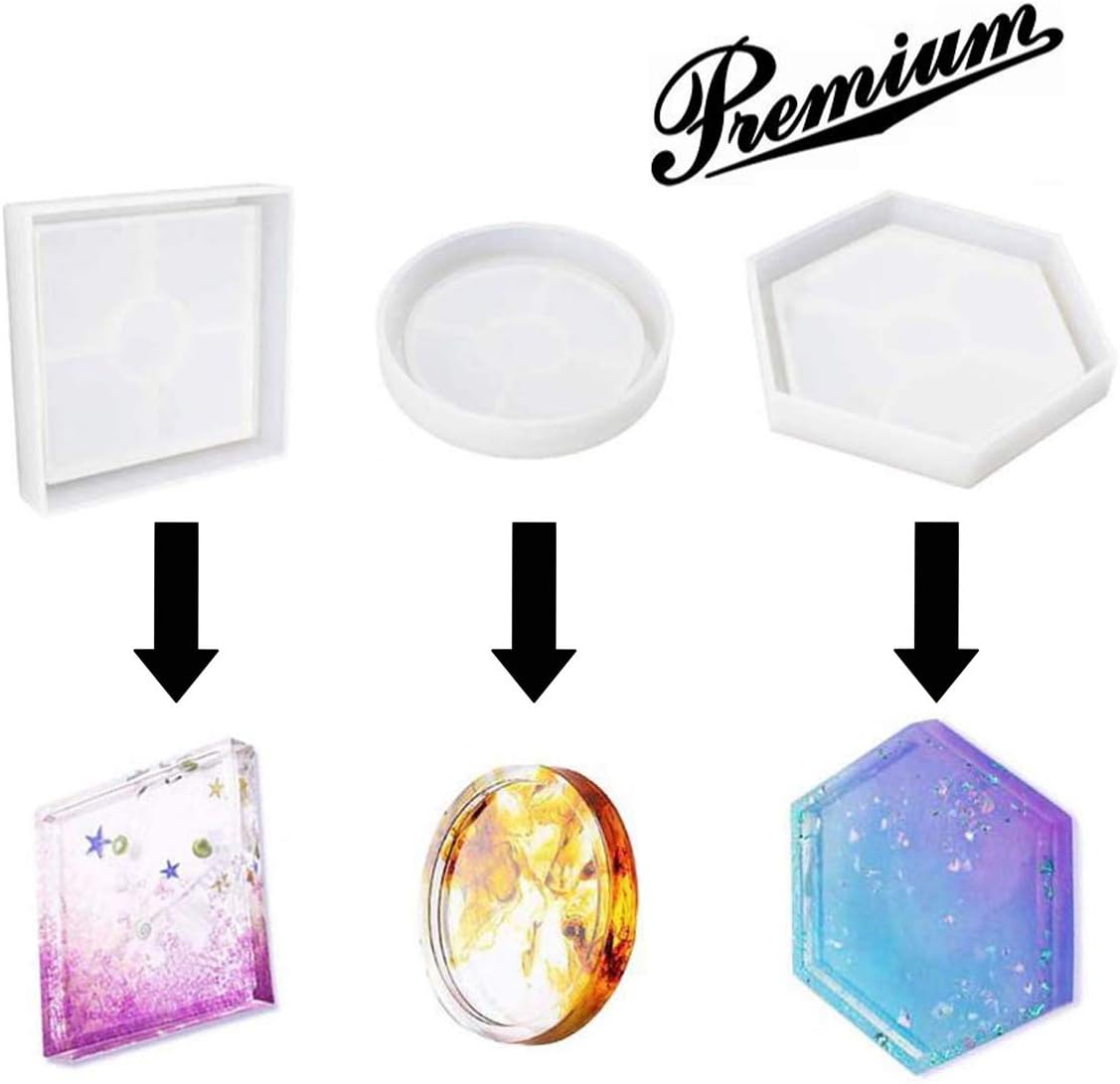 3 Pack Resin Coaster Molds, DIY Coaster Silicone Mold, Include Round, Square, Hexagon, Bottom Bracket Prevents Deformation, Molds for Casting with Resin, Concrete, Cement