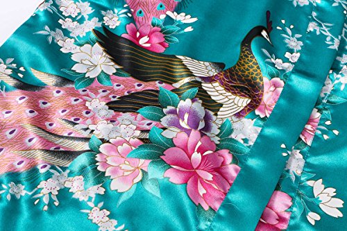 Yukata Women's Short Kimono Robe, Peacock&Blossom Design, Atrovirens M