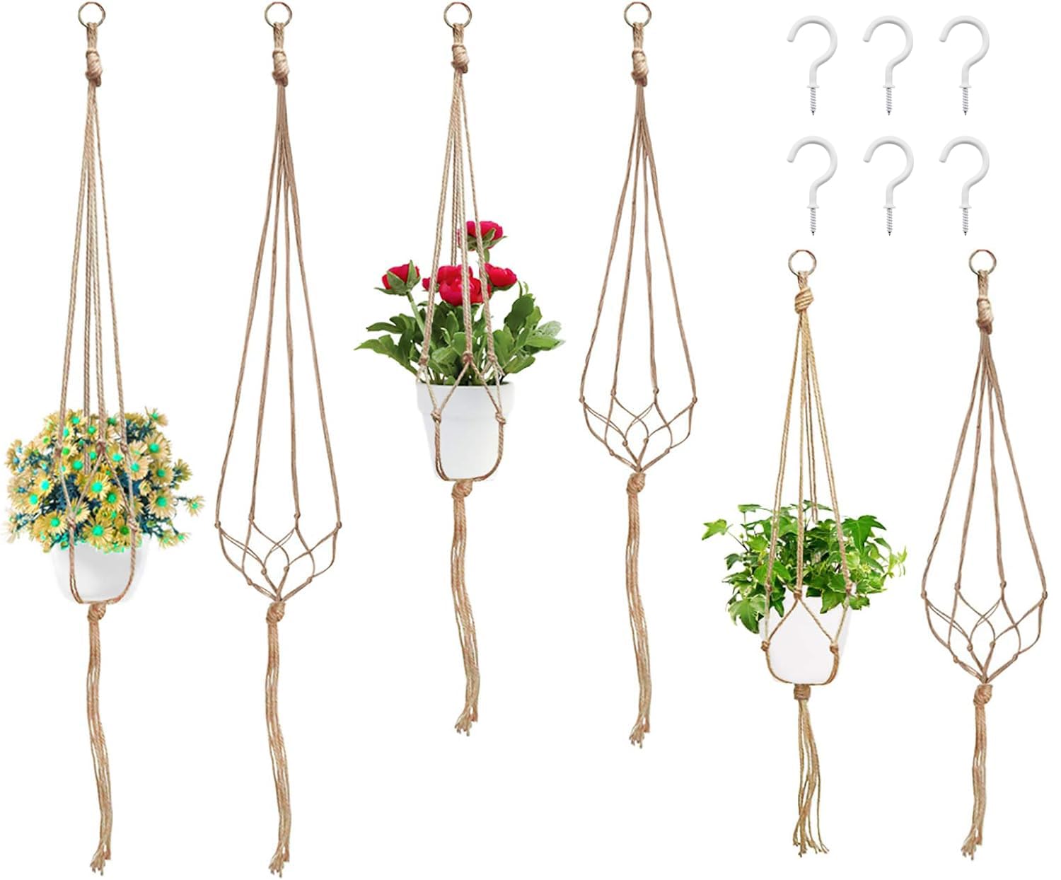 Swpeet 6 Pack 3 Sizes Macrame Hanging Planter Holder Plant Hanger Kit, Hanging Planter Basket Rope Holder for Indoor Outdoor Decorations Beautiful Hanging Plant for Succulents, Cacti, Herbs