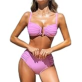 CUPSHE Women's Bikini Set U Wire Supportive Two Piece Swimsuit Ruched Full Coverage Bottom Bathing Suit Adjustable Strap