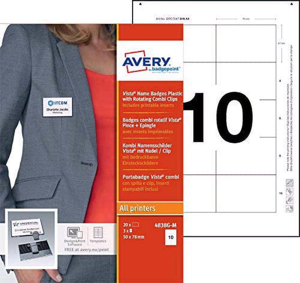 Avery Vista Name Badges - Plastic with Rotating Combi Clips ‎4838G-M