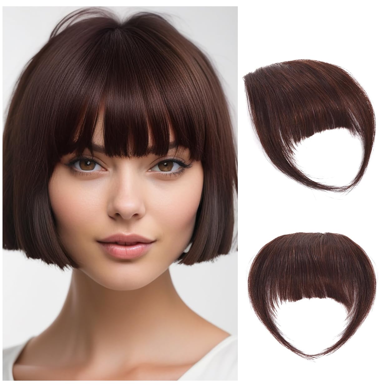 Clip in Bangs 100% Human Hair in Hair extensions Fringe with Temples Clip Hairpieces for Party and Daily Wear（French Bangs,Dark Brown）