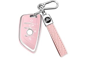 QBUC for BMW Key Fob Cover with Leather Keychain,for BMW 2 5 6 7 Series X1 X2 X3 X5 X6 X7 Premium Soft TPU Key Fob Holder (1-Pink)
