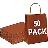 BAG BOX 50 Pack Small 5.9x3.1x8.25 Inch Red Kraft Paper Gift Bags with Handles for Bulk Shopping, Retail, Craft, Party Favors, Wedding, Grocery & Sacks
