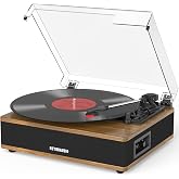 Vinyl Record Player Bluetooth Turntable with Built in Stereo Speakers Belt Drive 3 Speeds Vintage Turntables for Vinyl Records Support RCA Output, Aux in, Auto Stop, Light Walnut
