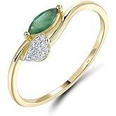 Santuzza 10K Solid Gold Leaf Pattern Gemstone Genuine Diamond Dainty Ring for Women