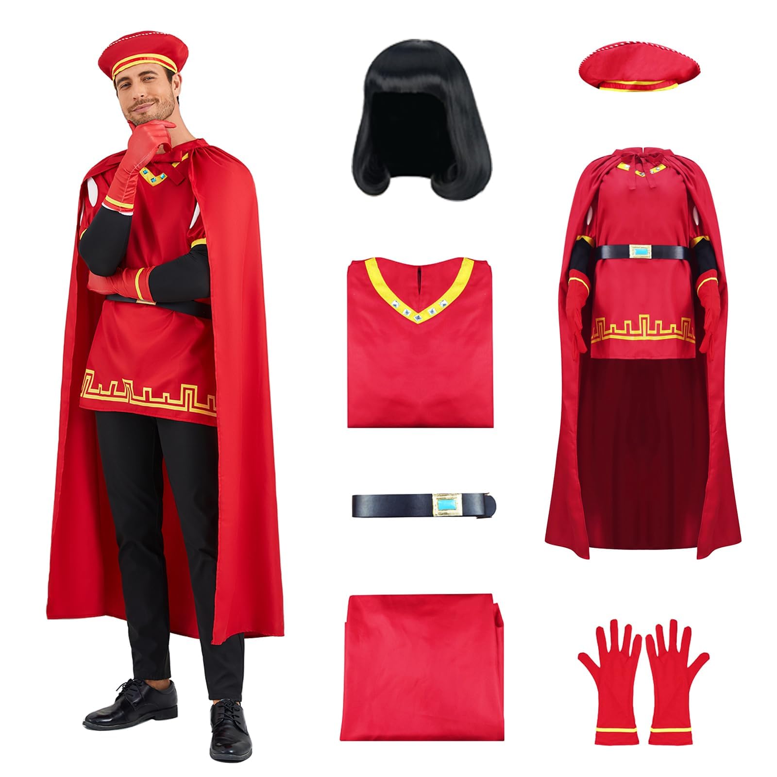 AYYOHON Men Farquaad Costume Hat Red Cloak Top Gloves Belt 5pcs Halloween Cosplay Outfits Fancy Dress Suit Full Set XS