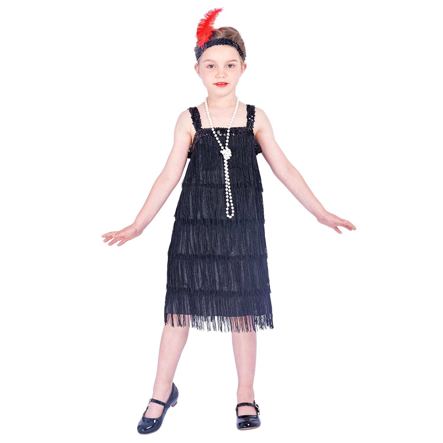 Rabtero Kids Roaring the 20s Fancy Dress Costume, Girls Flapper Dress with Pearl Necklace and Feather Headband, Gangster Flapper Dress for Girls, Black, Small 4-6