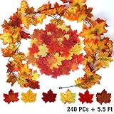 JOYIN 240 Pcs Assorted Artificial Maple Leaves Mixed Fall Colored Fake Leaves with 5.5 Feet Long Maple Leaf Garland for Thanksgiving Decorations Wedding Events Decor