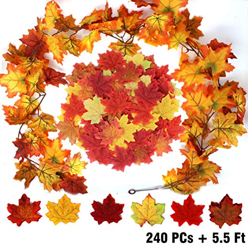 JOYIN 240 Pcs Assorted Artificial Maple Leaves Mixed Fall Colored Fake Leaves with 5.5 Feet Long Maple Leaf Garland for Thanksgiving Decorations Wedding Events Decor