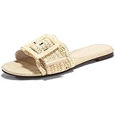 Coutgo Womens Flat Sandals Raffia Slip On Slide Sandal Square Open Toe Buckle Summer Beach Shoes Flats