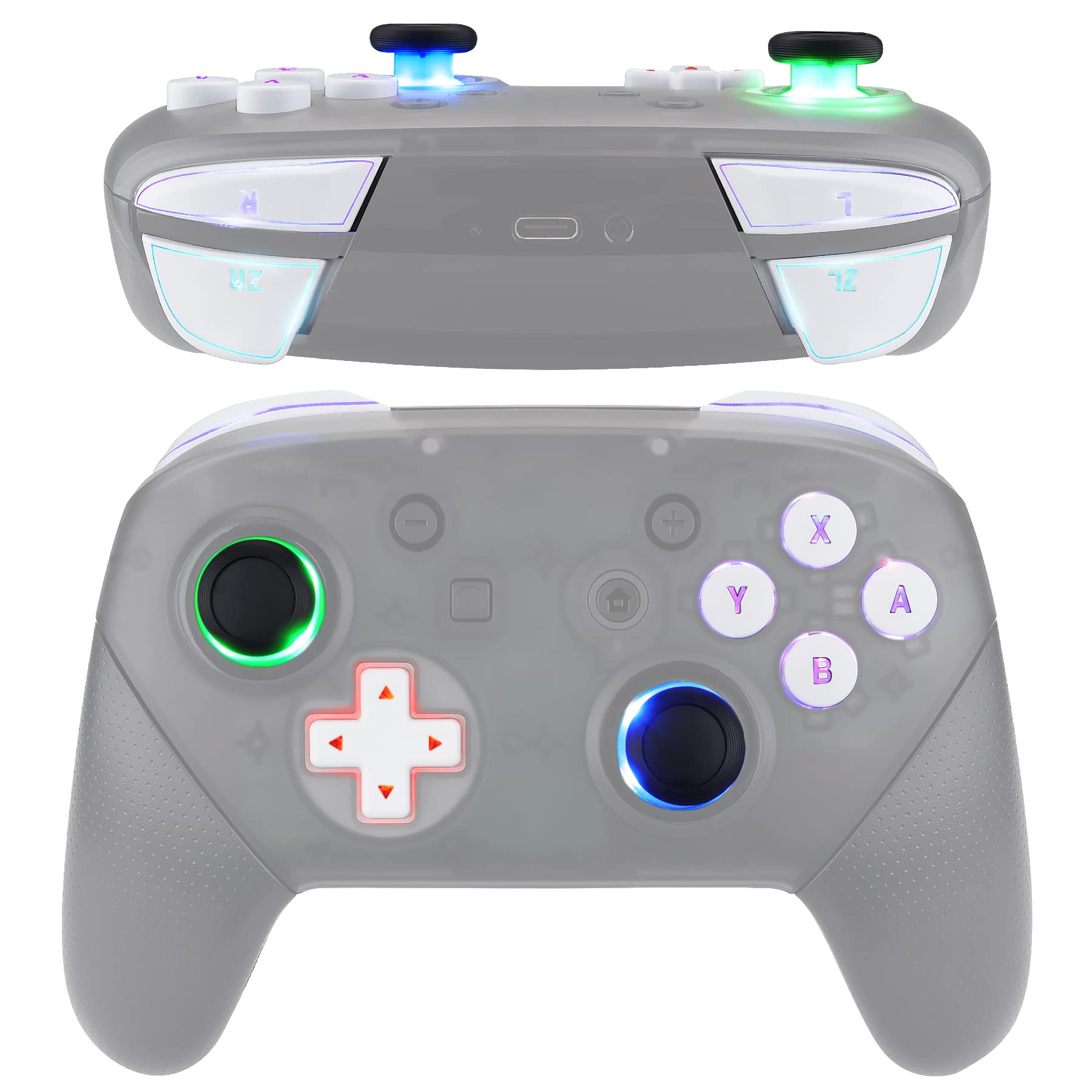 Photo 1 of eXtremeRate Multi-Colors Luminated Thumbsticks Classical Symbols D-pad ABXY ZR ZL L R Buttons DTFS LED Kit V2 for Nintendo Switch Pro Controller - 9 Colors Modes 6 Areas DIY Options - White