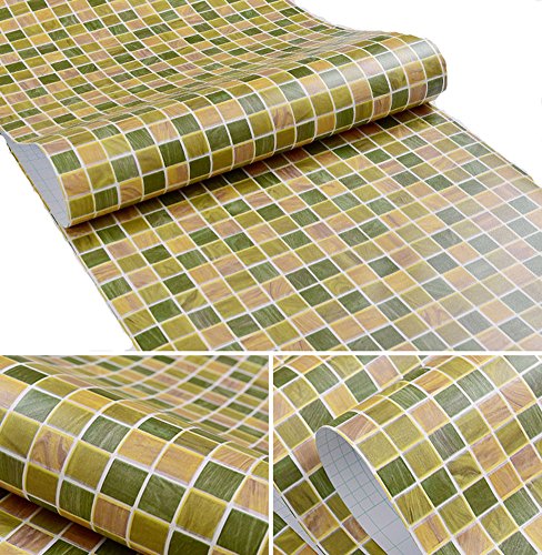 Amao Yellow and Green Mosaic Contact Paper Vinyl Self Adhesive Backsplash Waterproof Counter Top Wallpaper 17.7''x78.7''