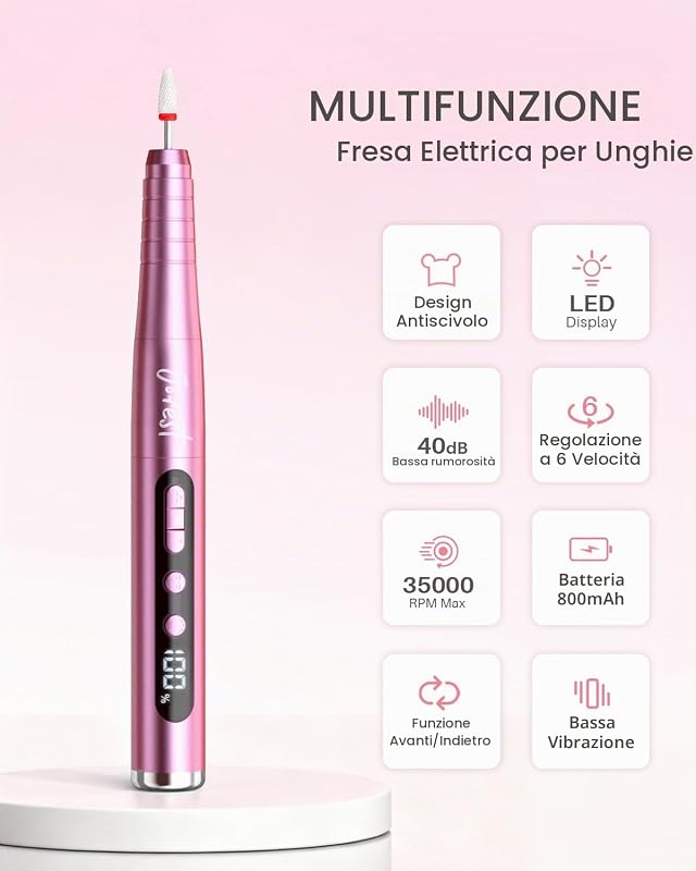 Fresa per Unghie, Lima Unghie Elettrico Portatile 13 in 1, Pedicure Elettrica Professionale Piedi, 35000 giri/min, 6 Velocità Regolabile,Set Manicure Girl Passione, Kit Ricostruzione Gel, Rosa — foto 2 di 8