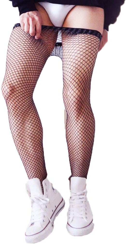Men's See Through Fishnet Thigh High Stocking Hole Socks High Waist Lace Pantyhose Stockings by Lowprofile