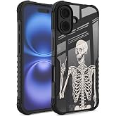 FJyuanqi Compatible with iPhone 16 Case, Rock and Roll Skull Skeleton Bone Love Music Design Heavy Duty Anti Slip Shockproof Hard PC Backplane Soft TPU Prevention Protective Case for iPhone 16