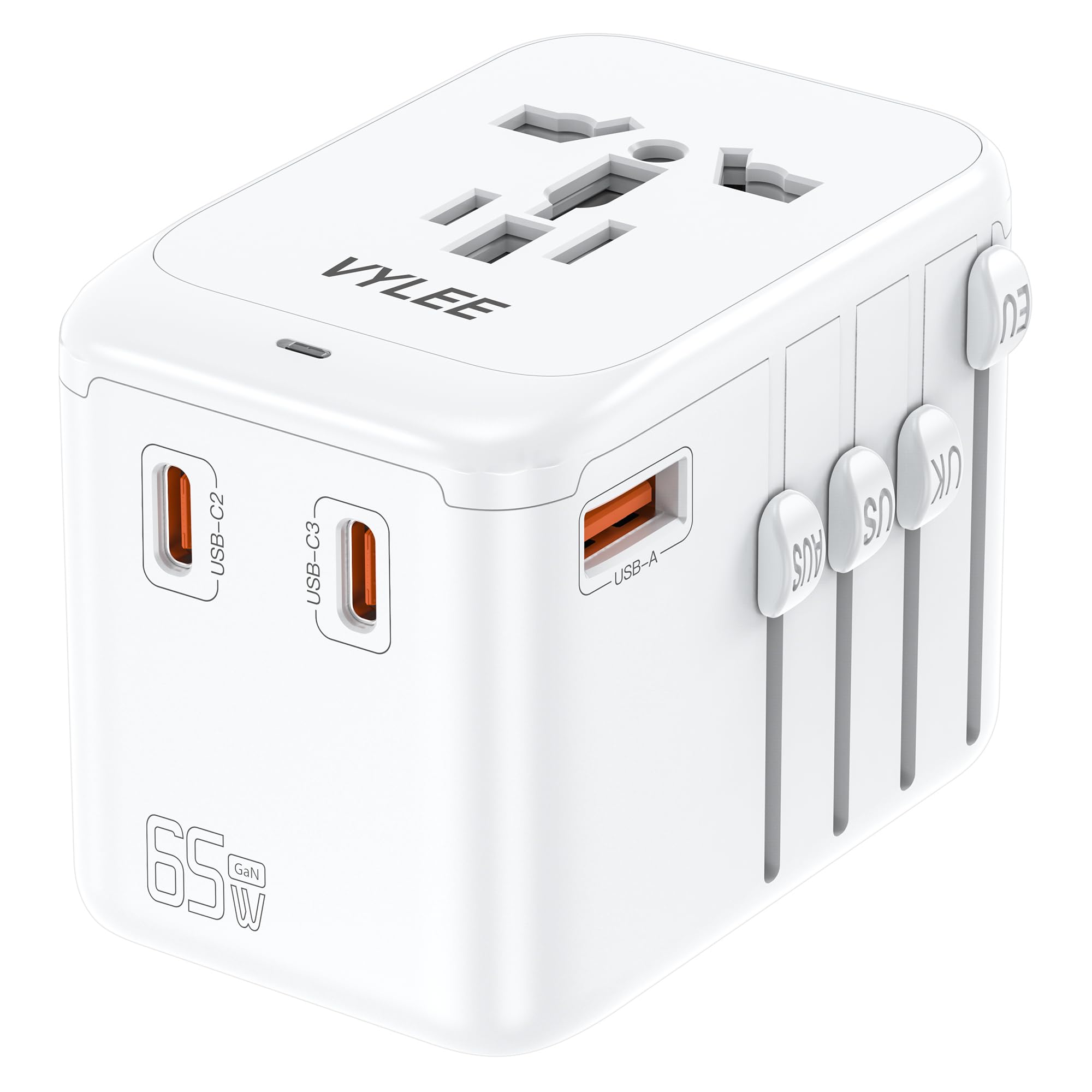 VYLEE Travel Plug Adapter, 65W Fast GaN Travel Charger, International Plug Adapter with 3 USB-C PD and 1 USB-A QC with US/EU/UK/AU Convenient for iPhone,Samsung,Laptops Image