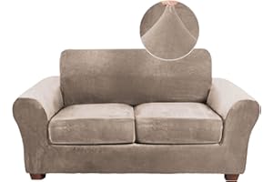 FY FIBER HOUSE Sofa Couch Cover for 2 Cushion Couch Loveseat Covers Love Seat Slip On Cover for Living Room Velvet 3 Piece Stretch Protector for Dogs, Taupe (57.5"-71.5")
