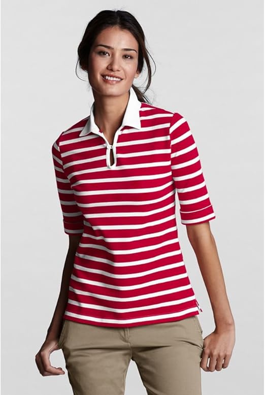 Lands' End Women's Regular Elbow Sleeve Splitneck Stripe Mesh Polo, S, Wild Cherry Stripe at 