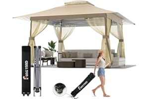 FUNG YARD 13x13 Outdoor Patio Gazebo with Mosquito Nettings - Double Roof Pop Up Canopy Tent with Wheeled Carry Bag, Outdoor Canopy Shelter for Backyard Deck Lawns Garden (13x13ft Beige)