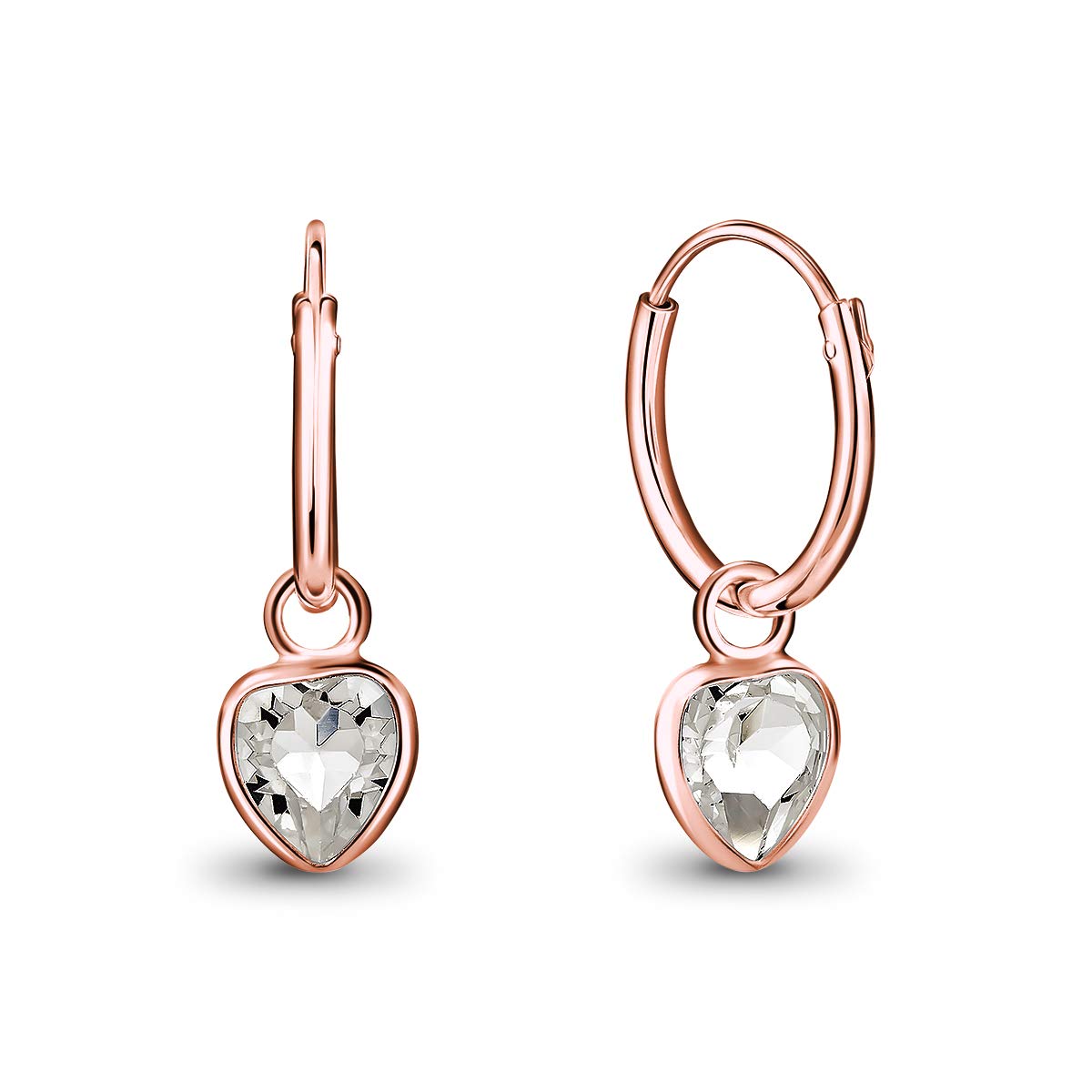 18K Rose Gold Plated Earrings with Dangling Heart - 925 Sterling Silver Hoop Earrings for Women Rose Gold Plated with Clear Crystals - Classic Elegant and Hypoallergenic for Sensitive Skins — image 1
