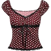 SOLY HUX Women's Polka Dots Shirts Y2k Fairy Grunge Lace Patchwork Babydoll Crop Tee Tops Aesthetic Clothes