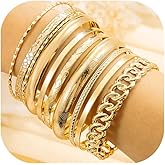 Amoina Gold Bangle Bracelets, 14K Gold Plated, Yellow Gold, Women's, Stackable Set, Adult, Medium, 20 Grams, 2 Inches